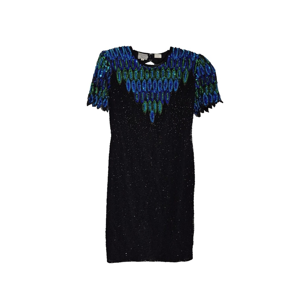 Vintage Stenay Dress‎ Womens 4 Black Beaded Sequin Peacock Silk Sheath 80s